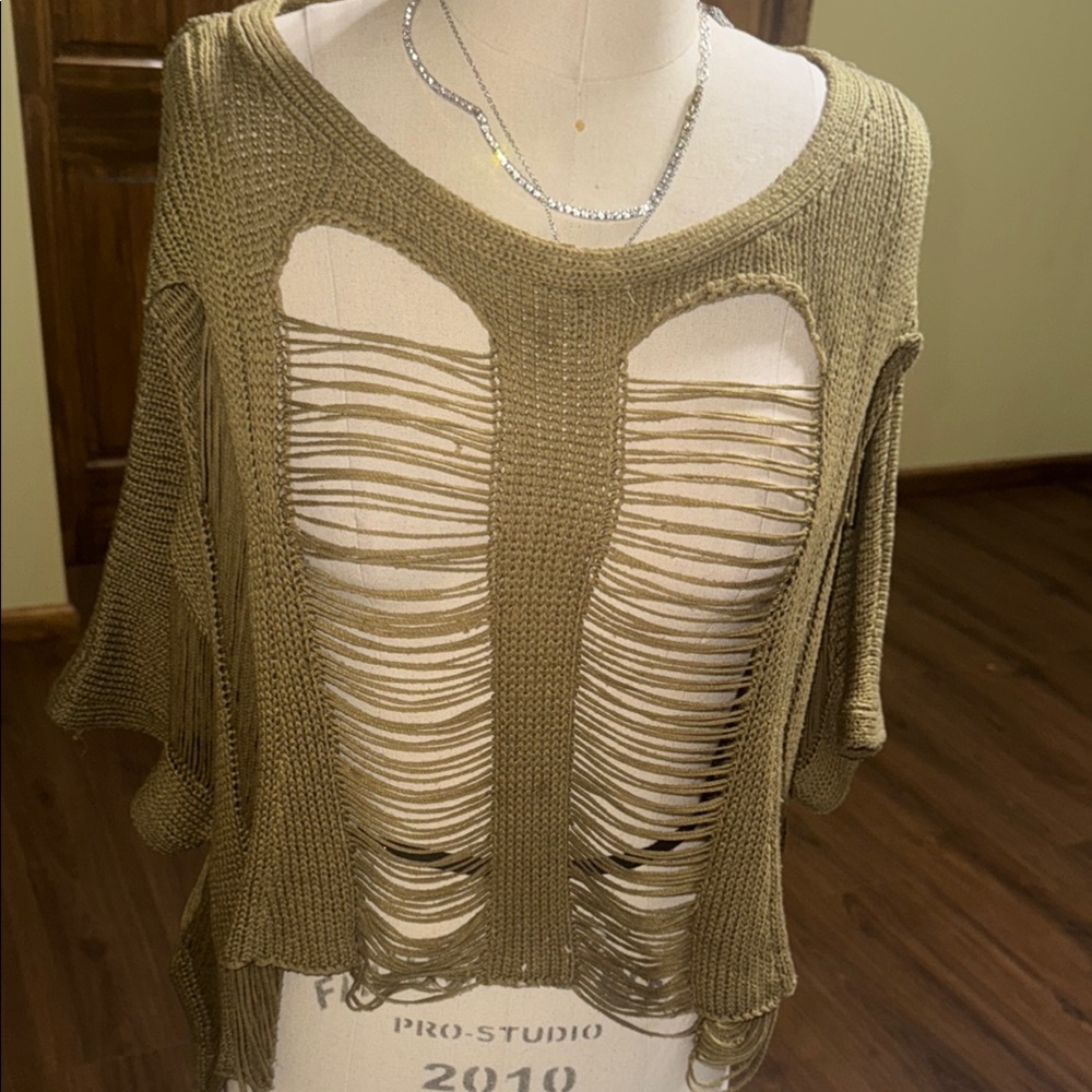 Olive Distressed Millau Knit Sweater